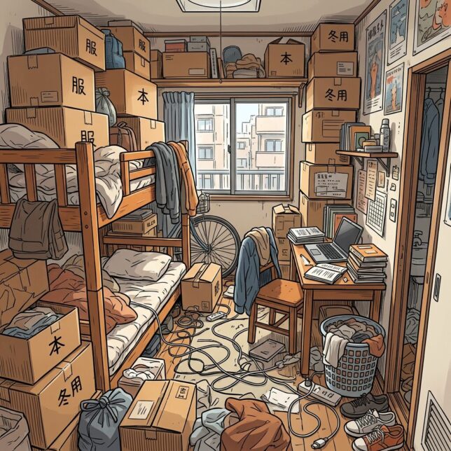 A small cluttered dorm room with bunk bed, boxes, desk with laptop and books, laundry basket, and bicycle near a window.